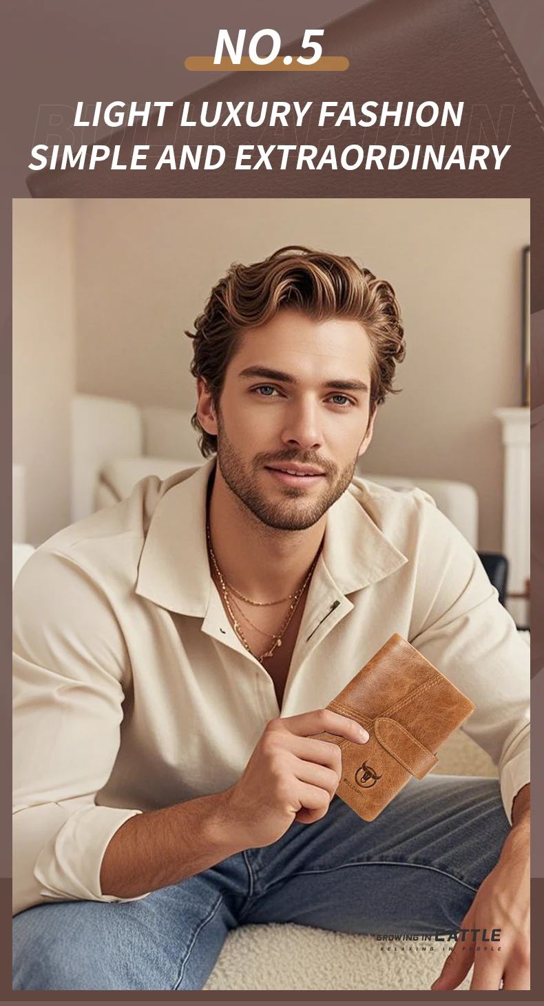 BULLCAPTAIN Men's Genuine Leather Wallet Retro Casual Snap Tri-fold Cash Clip RFID Anti-Theft Card Holder Detachable Coin Holder