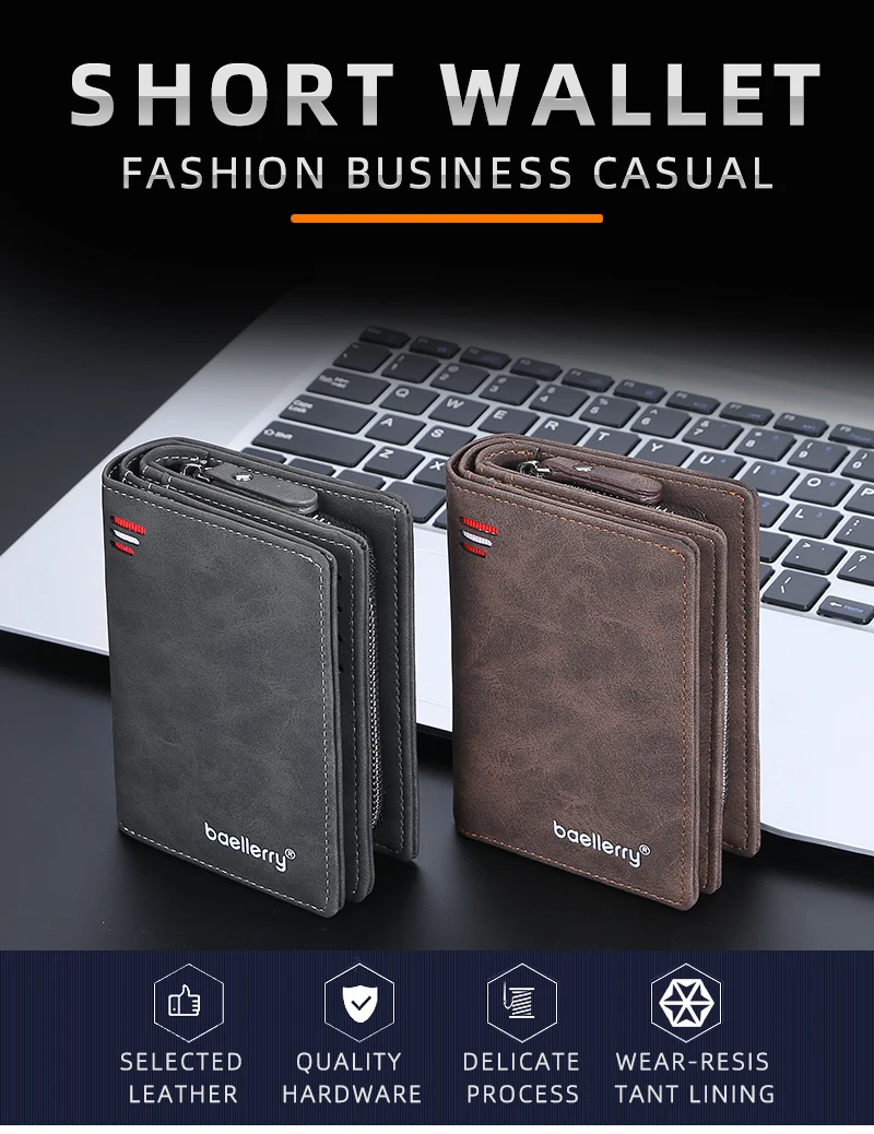 Baellerry 2023 New Short Men Wallets Name Customized Card Holder Luxury Male Wallet Zipper Coin Pocket Photo Holder Men's Purses