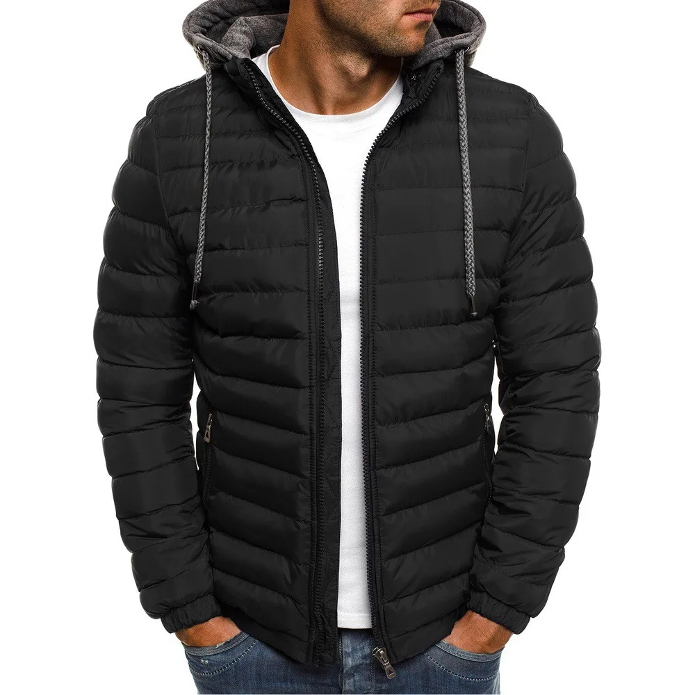 Korean Men Cotton Pad Parka Coat Autumn Winter Male Solid Warm Hooded Zip Up Hoodie Coats BSD-M-05