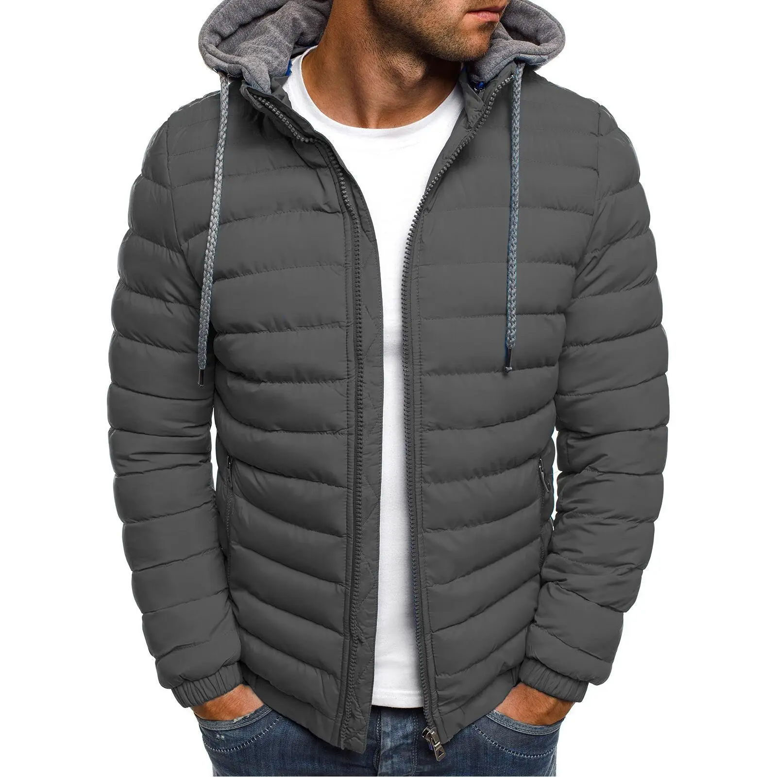 Korean Men Cotton Pad Parka Coat Autumn Winter Male Solid Warm Hooded Zip Up Hoodie Coats BSD-M-05