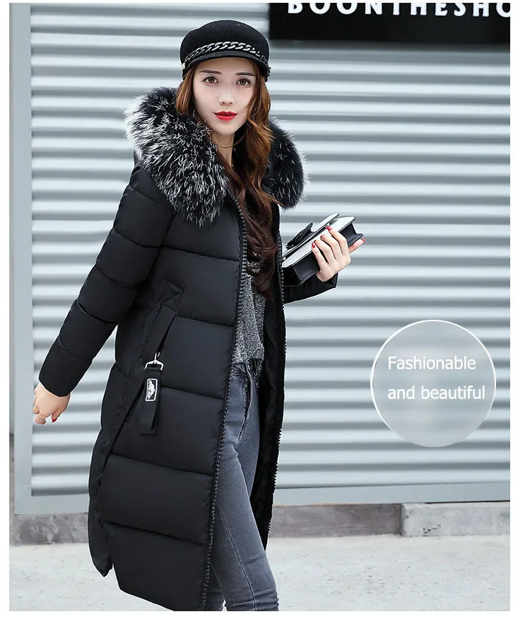 2024 Winter Down Parkas Women Jacket Big Fur Collar Thick Slim Coat Fashion Hooded Cotton Outerwear Long Autumn Female Jacket