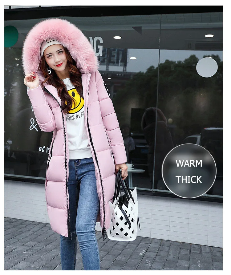 2024 Winter Down Parkas Women Jacket Big Fur Collar Thick Slim Coat Fashion Hooded Cotton Outerwear Long Autumn Female Jacket
