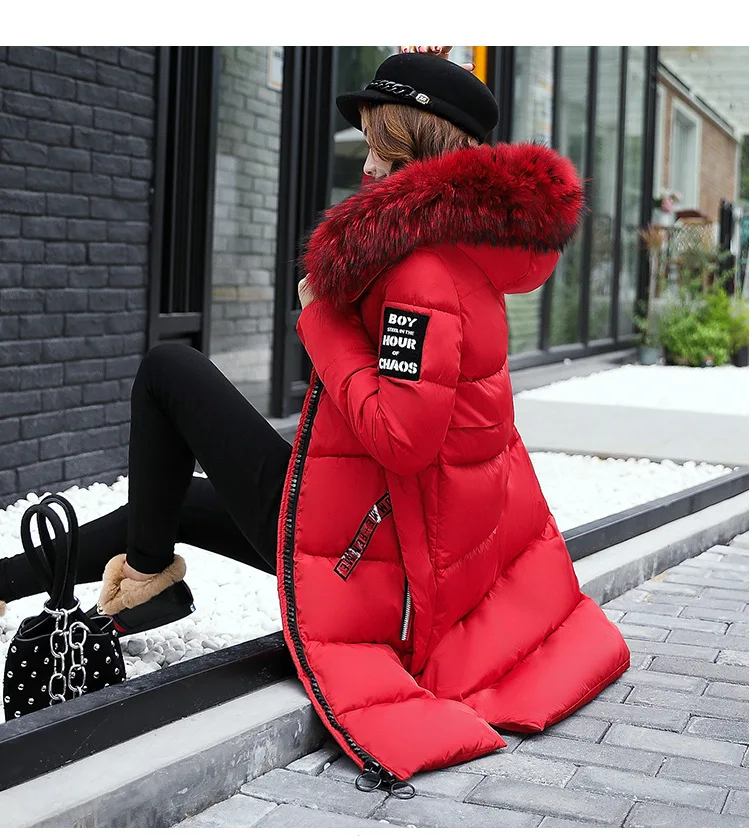 2024 Winter Down Parkas Women Jacket Big Fur Collar Thick Slim Coat Fashion Hooded Cotton Outerwear Long Autumn Female Jacket