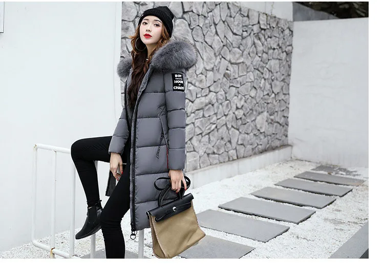 2024 Winter Down Parkas Women Jacket Big Fur Collar Thick Slim Coat Fashion Hooded Cotton Outerwear Long Autumn Female Jacket