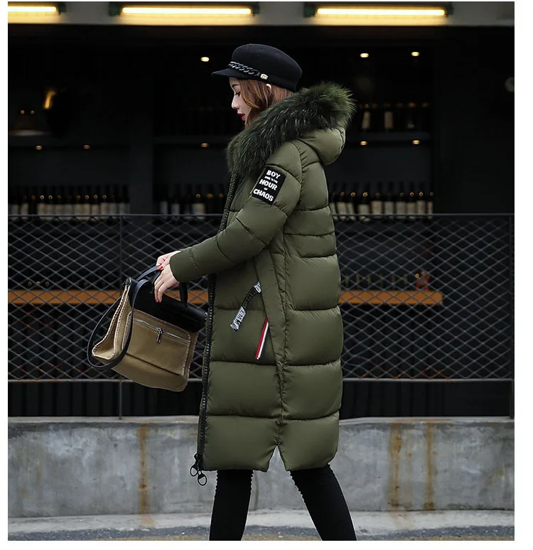 2024 Winter Down Parkas Women Jacket Big Fur Collar Thick Slim Coat Fashion Hooded Cotton Outerwear Long Autumn Female Jacket
