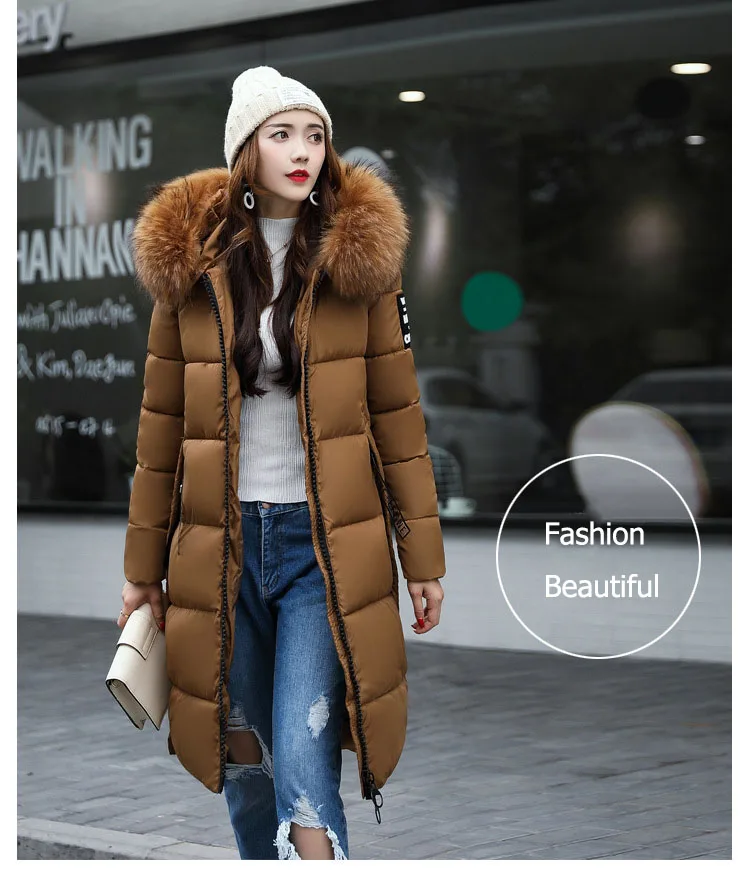 2024 Winter Down Parkas Women Jacket Big Fur Collar Thick Slim Coat Fashion Hooded Cotton Outerwear Long Autumn Female Jacket