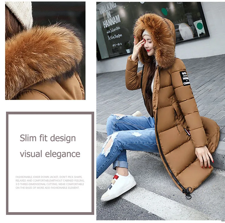 2024 Winter Down Parkas Women Jacket Big Fur Collar Thick Slim Coat Fashion Hooded Cotton Outerwear Long Autumn Female Jacket