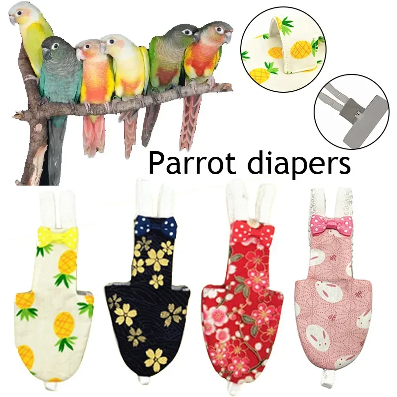 Parrot Diaper with Bowtie Cute Colorful Fruit Floral Cockatiel Pigeons Small Medium Large Pet Birds Flight Suit Clothes Washable