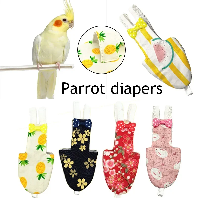 Parrot Diaper with Bowtie Cute Colorful Fruit Floral Cockatiel Pigeons Small Medium Large Pet Birds Flight Suit Clothes Washable
