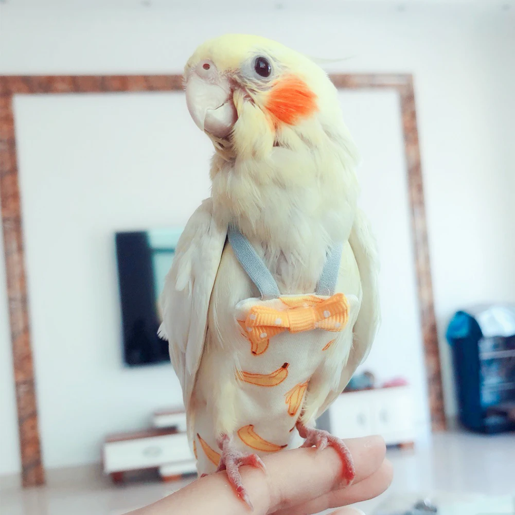 Parrot Diaper with Bowtie Cute Colorful Fruit Floral Cockatiel Pigeons Small Medium Large Pet Birds Flight Suit Clothes Washable