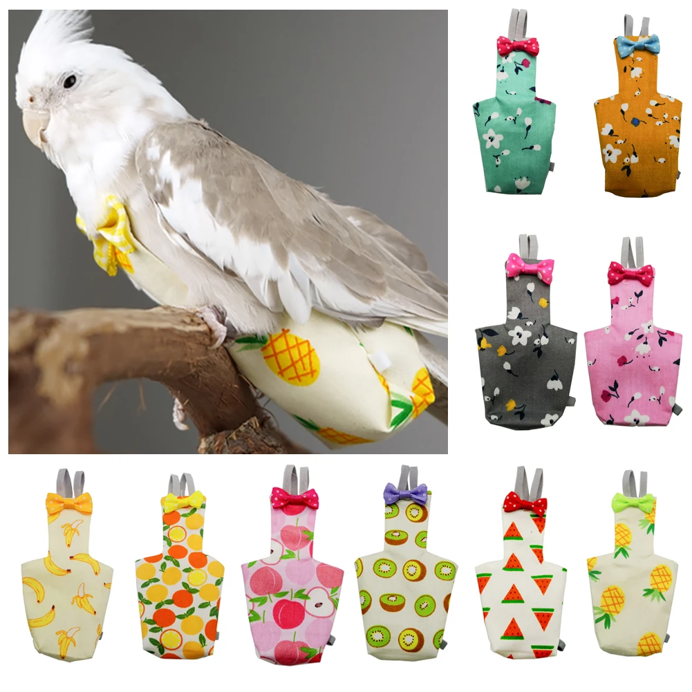 Parrot Diaper with Bowtie Cute Colorful Fruit Floral Cockatiel Pigeons Small Medium Large Pet Birds Flight Suit Clothes Washable