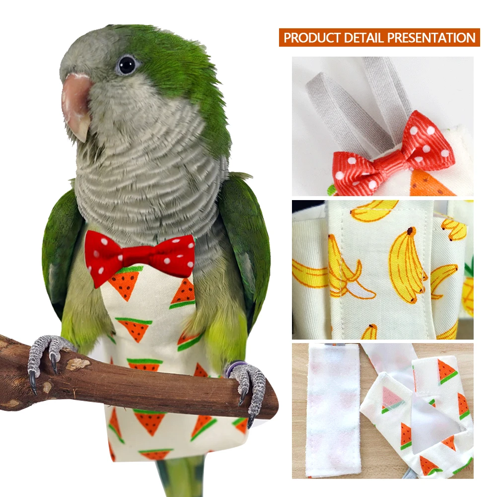Parrot Diaper with Bowtie Cute Colorful Fruit Floral Cockatiel Pigeons Small Medium Large Pet Birds Flight Suit Clothes Washable