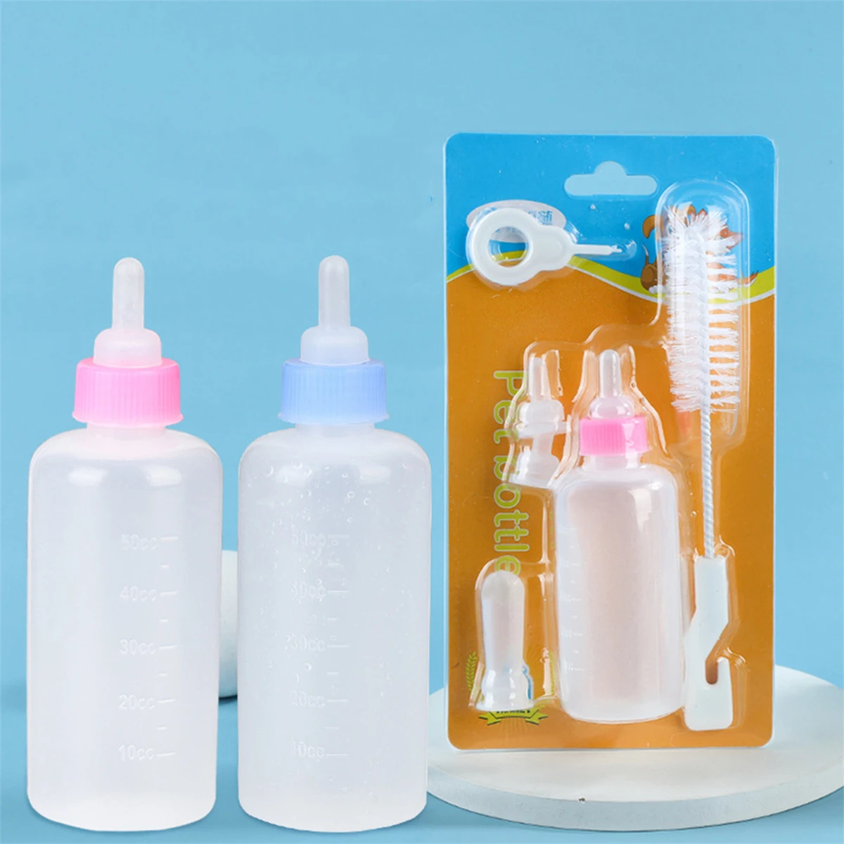 1 Set 50cc Pet Cat Milk Bottle Dog Cat Silicone Milk Bottle Portable Kitten Feeding Drinking Water Milk Nursing Bottle Red/Blue