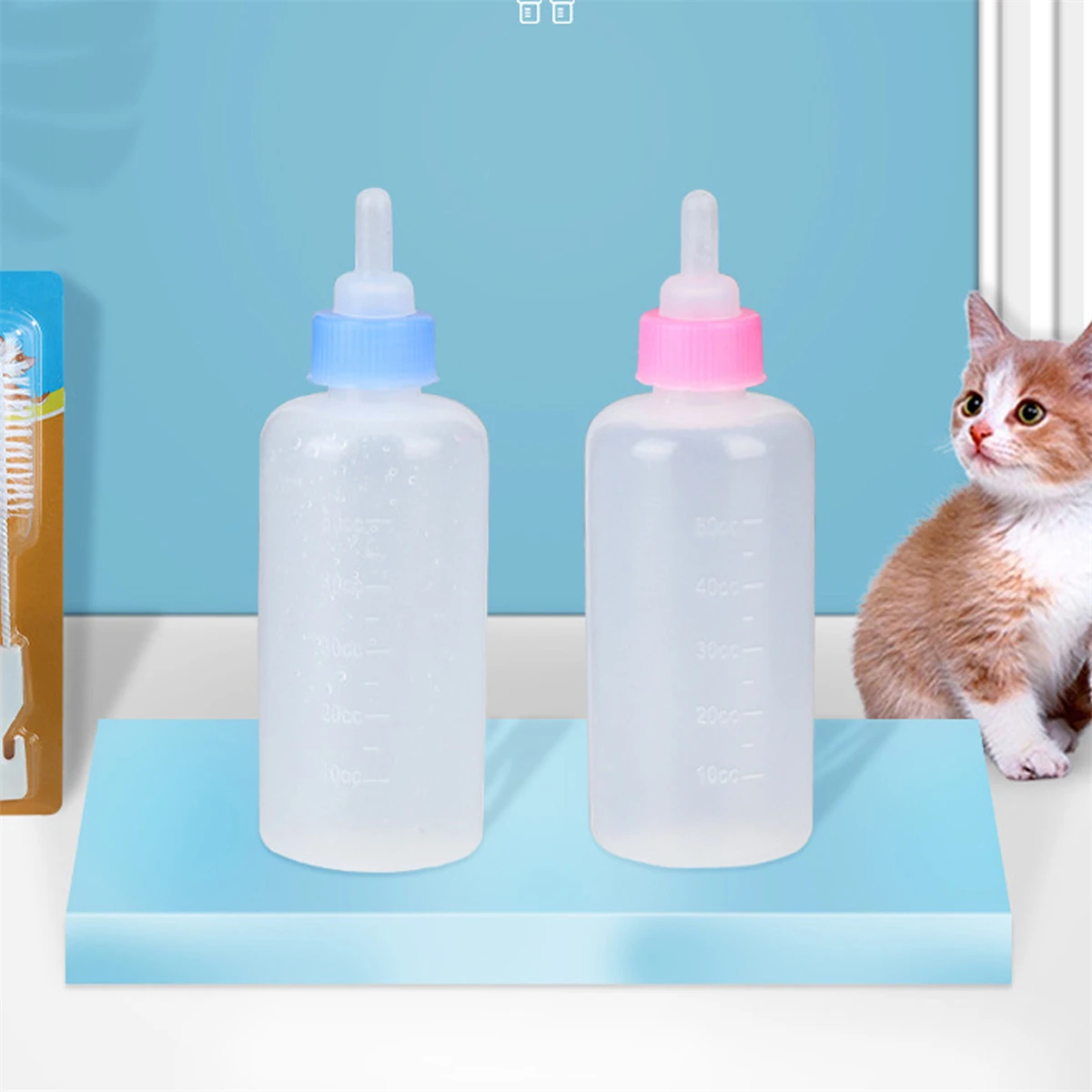 1 Set 50cc Pet Cat Milk Bottle Dog Cat Silicone Milk Bottle Portable Kitten Feeding Drinking Water Milk Nursing Bottle Red/Blue