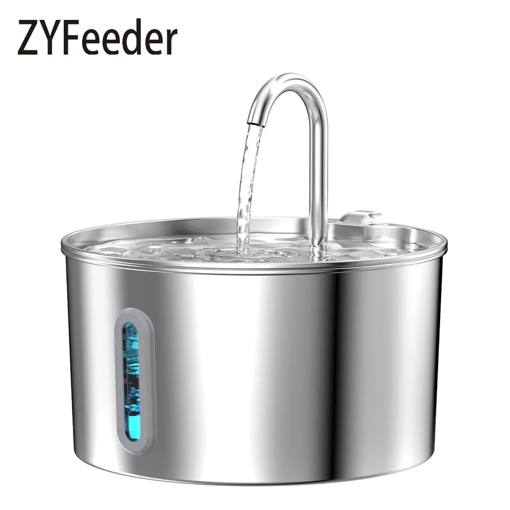 ZYFeeder 2.2L Automatic Water Fountain Stainless Steel Pet Water Feeder Cat/Dog Drink Bowl Water Dispenser Silent With window