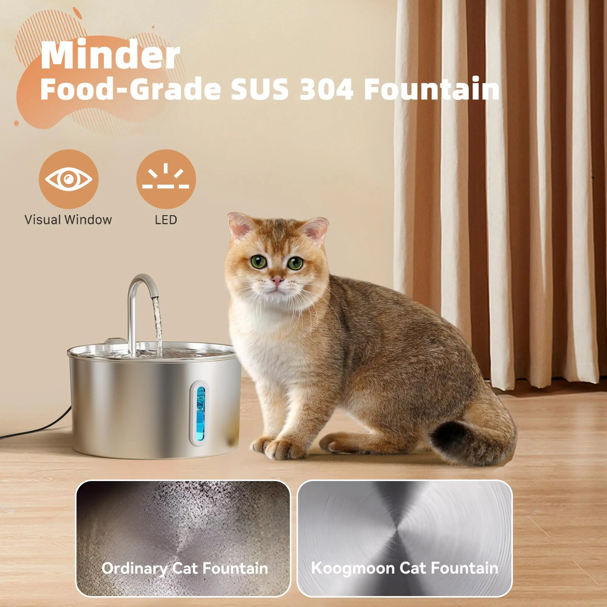 ZYFeeder 2.2L Automatic Water Fountain Stainless Steel Pet Water Feeder Cat/Dog Drink Bowl Water Dispenser Silent With window