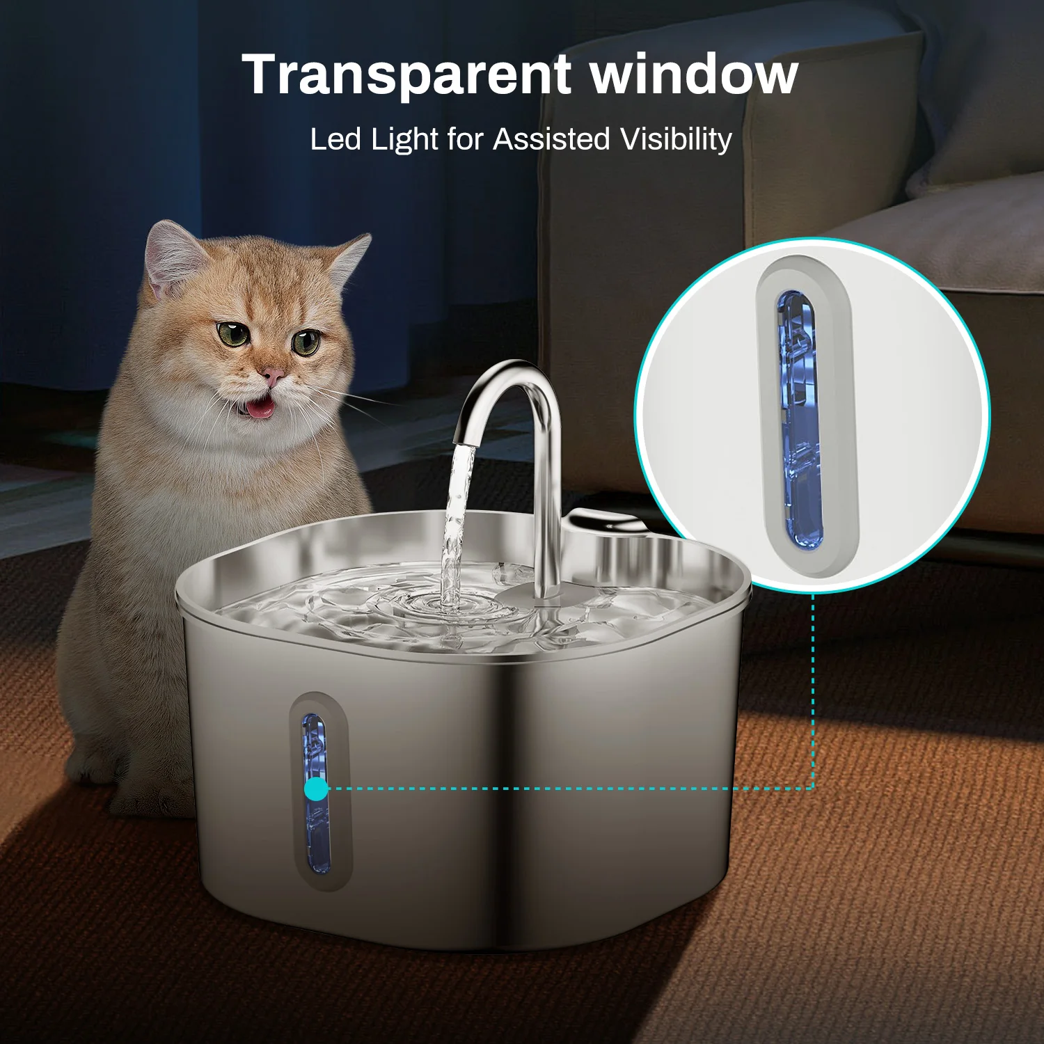 ZYFeeder 2.2L Automatic Water Fountain Stainless Steel Pet Water Feeder Cat/Dog Drink Bowl Water Dispenser Silent With window