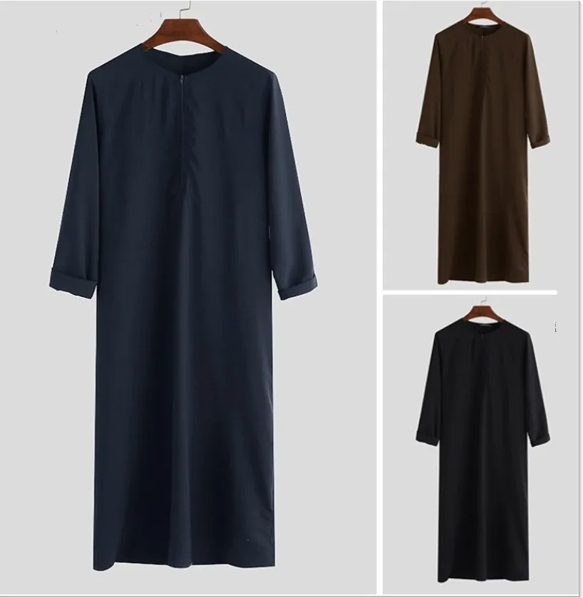 Plus Size 3Xl 4Xl 5Xl Men's Muslim Robe Long Sleeve Abaya Robes Solid Color Saudi Arabia Dress Zipper Shirt Round Neck T-Shirt