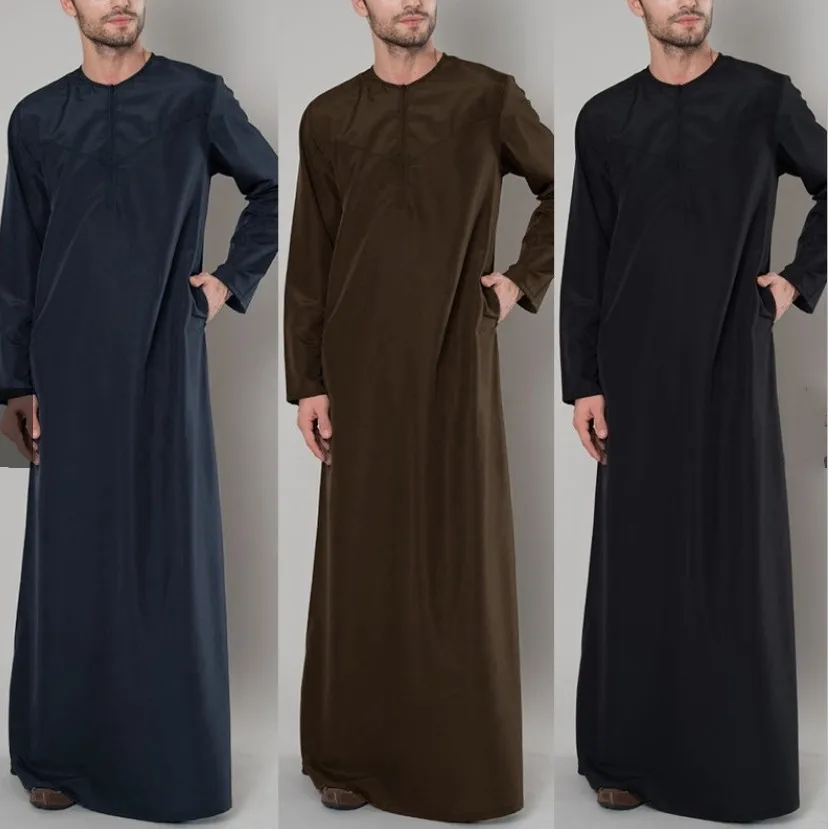 Plus Size 3Xl 4Xl 5Xl Men's Muslim Robe Long Sleeve Abaya Robes Solid Color Saudi Arabia Dress Zipper Shirt Round Neck T-Shirt