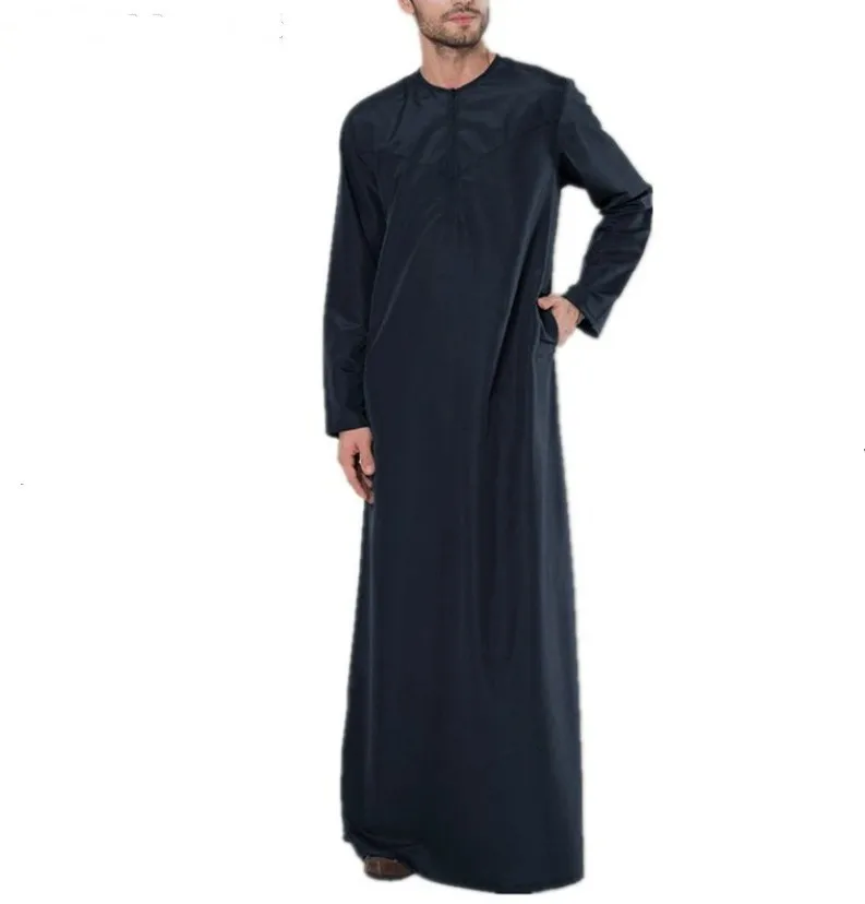 Plus Size 3Xl 4Xl 5Xl Men's Muslim Robe Long Sleeve Abaya Robes Solid Color Saudi Arabia Dress Zipper Shirt Round Neck T-Shirt