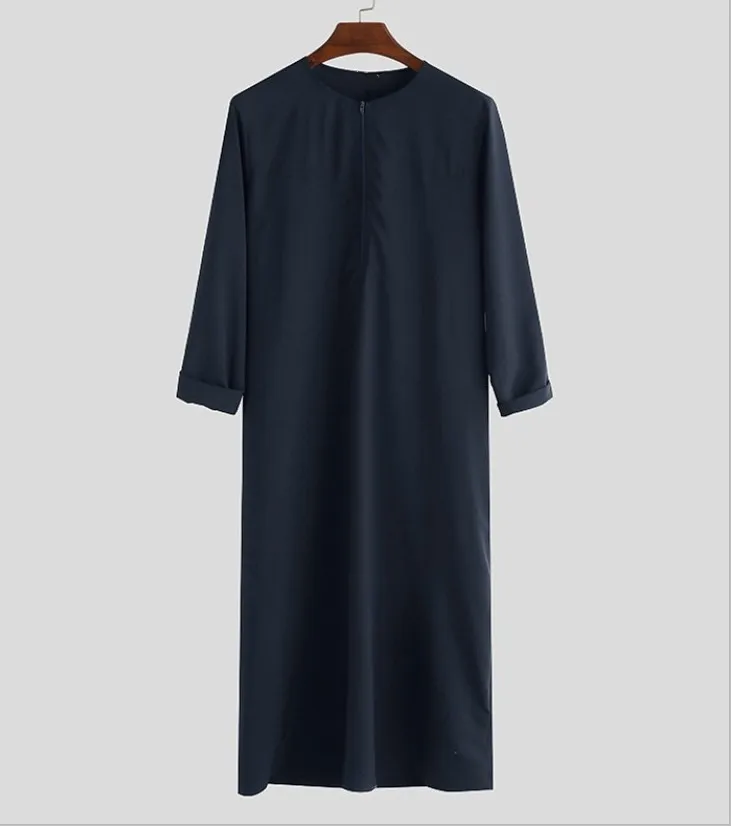 Plus Size 3Xl 4Xl 5Xl Men's Muslim Robe Long Sleeve Abaya Robes Solid Color Saudi Arabia Dress Zipper Shirt Round Neck T-Shirt