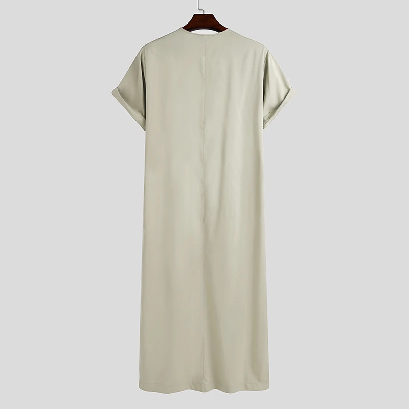 INCERUN Men Muslim Kaftan Short Sleeve Solid O Neck Jubba Thobe Abaya Middle East Dubai Saudi Arabia Islamic Mens Robes S-5XL