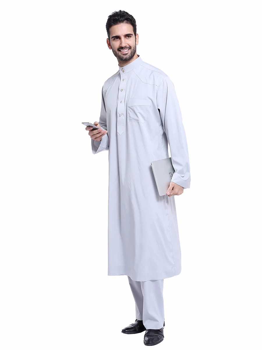 Dubai Arab Islam Muslim Men Jubba Thobe Clothing Sets Long Robe 2 Piece Set Tops and Pants Saudi Musulman Ensembles Wear Sets