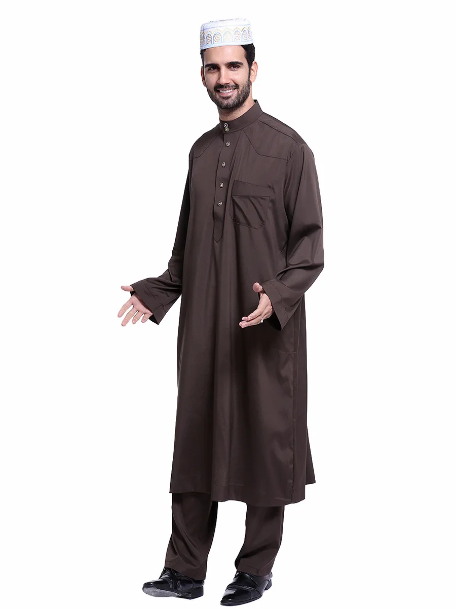 Dubai Arab Islam Muslim Men Jubba Thobe Clothing Sets Long Robe 2 Piece Set Tops and Pants Saudi Musulman Ensembles Wear Sets