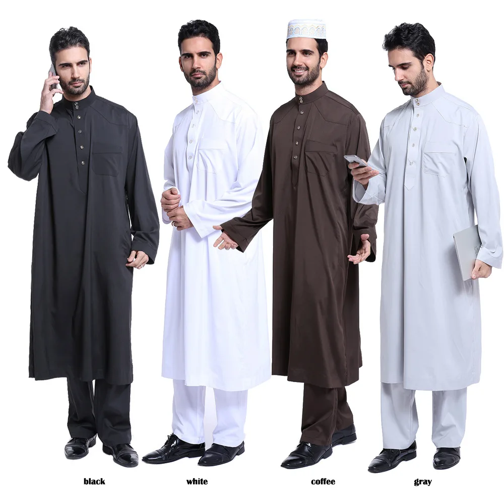 Dubai Arab Islam Muslim Men Jubba Thobe Clothing Sets Long Robe 2 Piece Set Tops and Pants Saudi Musulman Ensembles Wear Sets