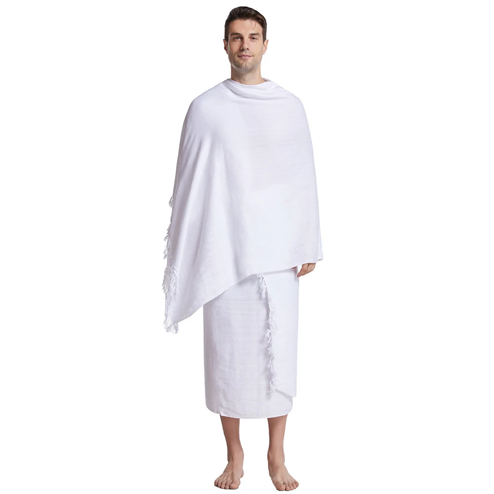 2 Pieces Ihram Pilgrimage Towel for Muslim Arab Mecca Hajj Clothes Men Islamic Ramadan Prayer Worship Costumes Shawl Jubba Thobe