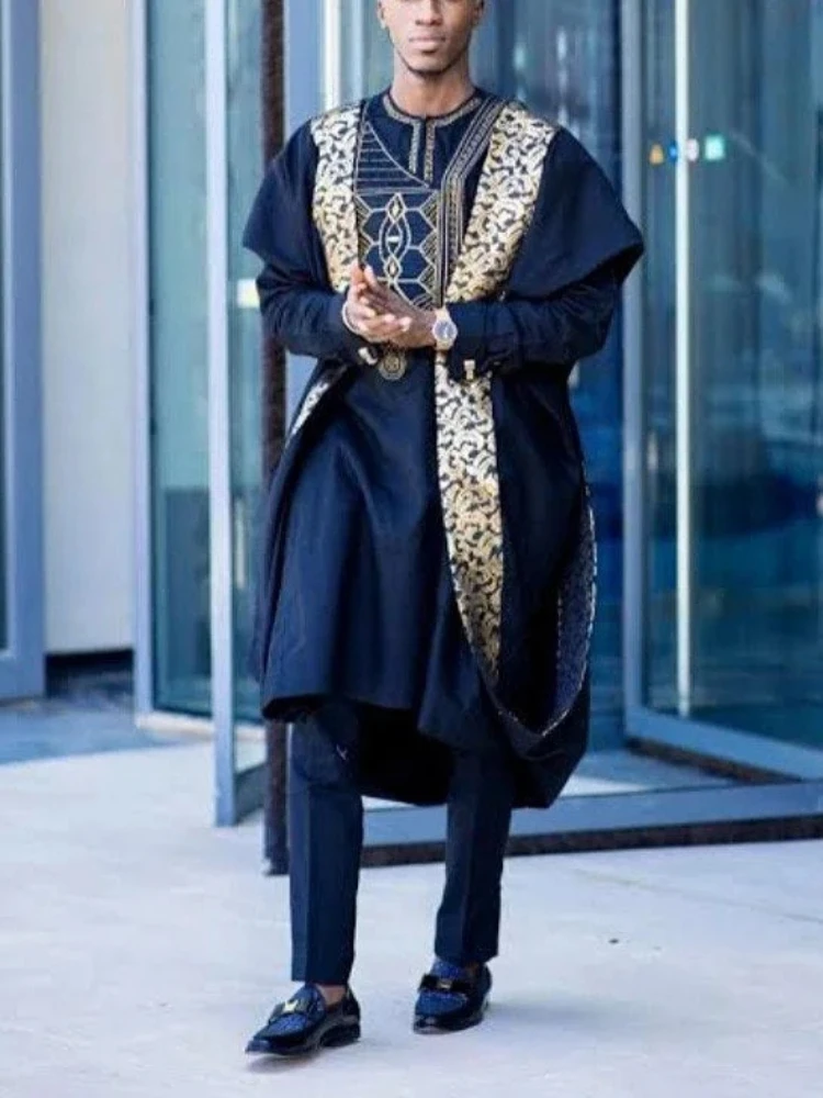 African Clothes for Men Dashiki Shirts Ankara Pants 3 Piece Set Wedding Evening Outfits Robe Suit Traditional Clothing