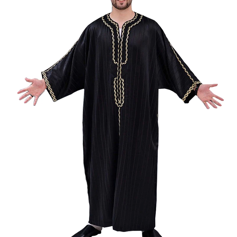 Muslim Islamic Ethnic Black Men Robes Fashion Loose Rrecreational V Neck Mid Sleeve Onesie 2024 New