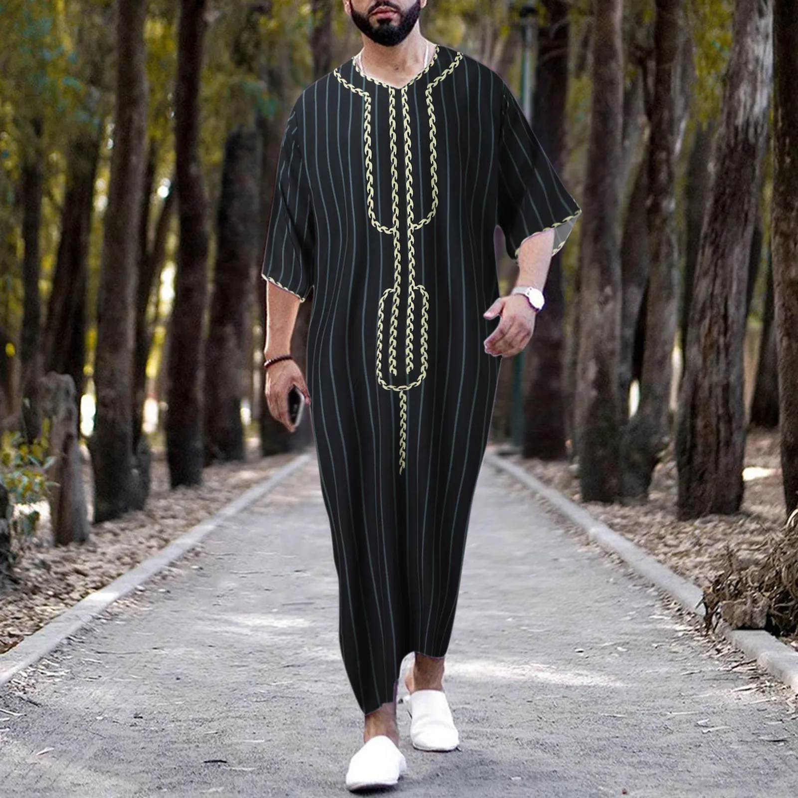 Muslim Islamic Ethnic Black Men Robes Fashion Loose Rrecreational V Neck Mid Sleeve Onesie 2024 New