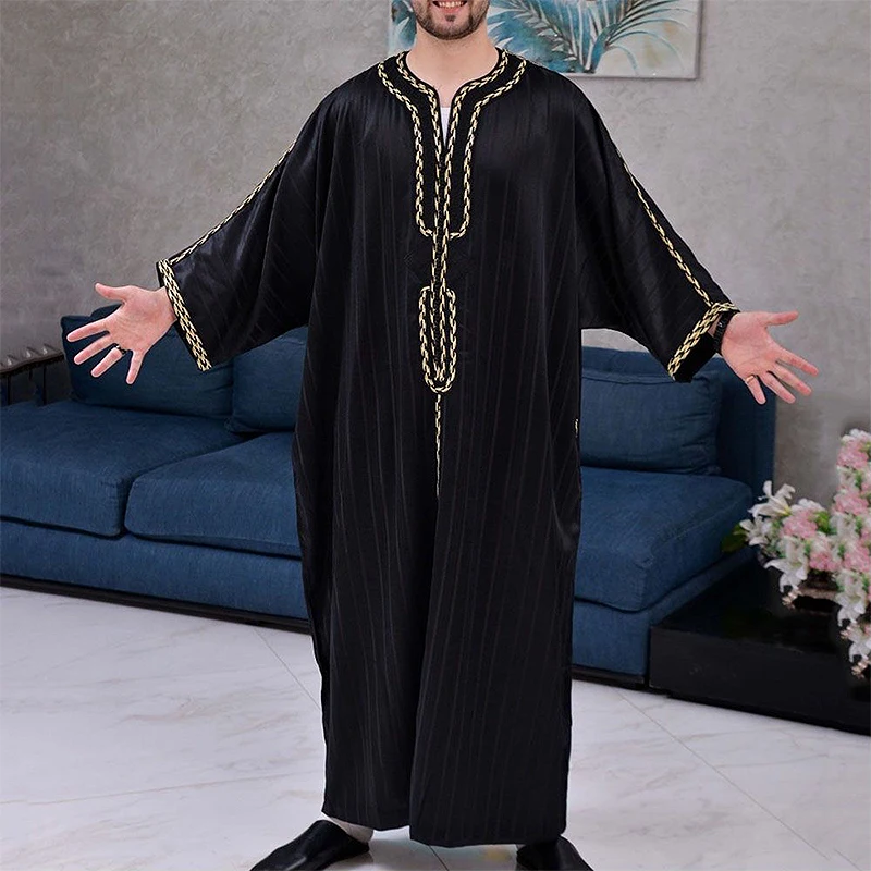 Muslim Islamic Ethnic Black Men Robes Fashion Loose Rrecreational V Neck Mid Sleeve Onesie 2024 New
