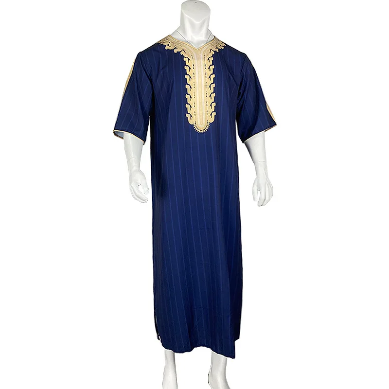 Summer Middle Eastern men's Arab robe loose V-neck short sleeved printed men's Muslim clothing islamic clothing