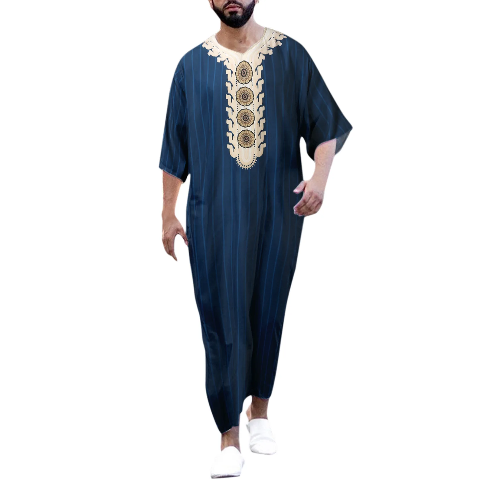 Summer Middle Eastern men's Arab robe loose V-neck short sleeved printed men's Muslim clothing islamic clothing