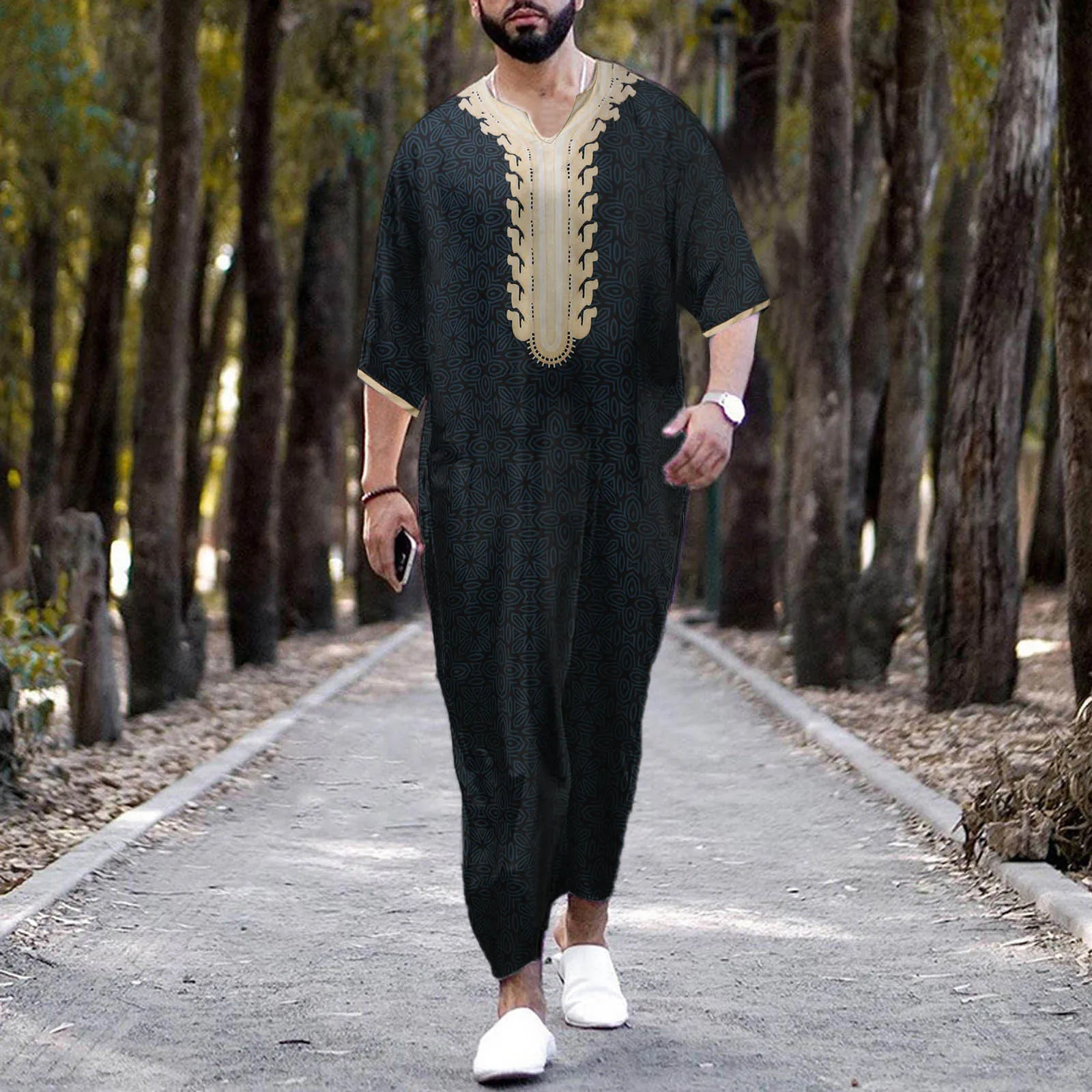 Summer Middle Eastern men's Arab robe loose V-neck short sleeved printed men's Muslim clothing islamic clothing