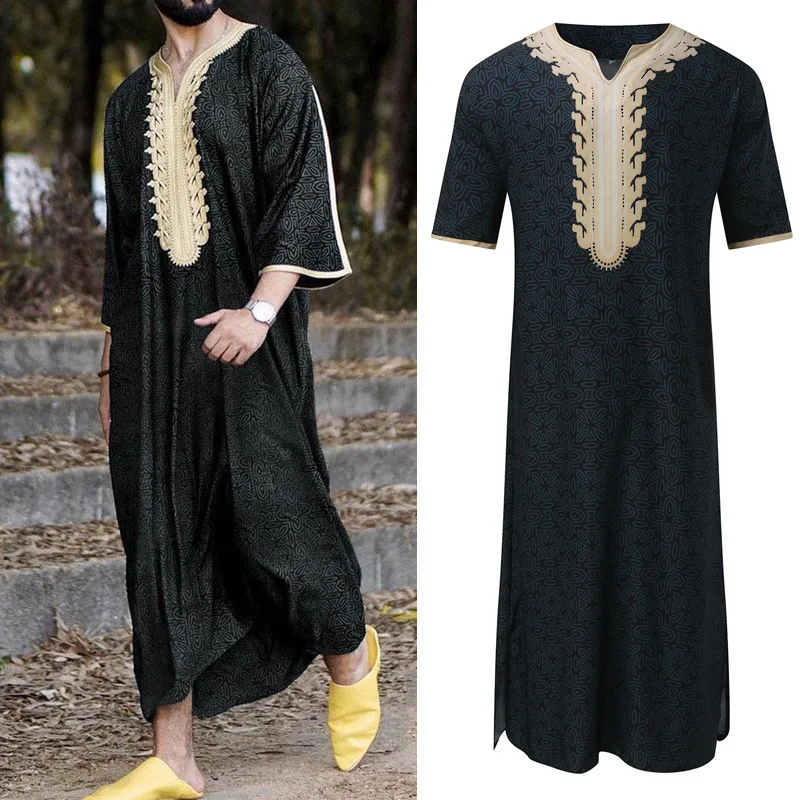 Summer Middle Eastern men's Arab robe loose V-neck short sleeved printed men's Muslim clothing islamic clothing