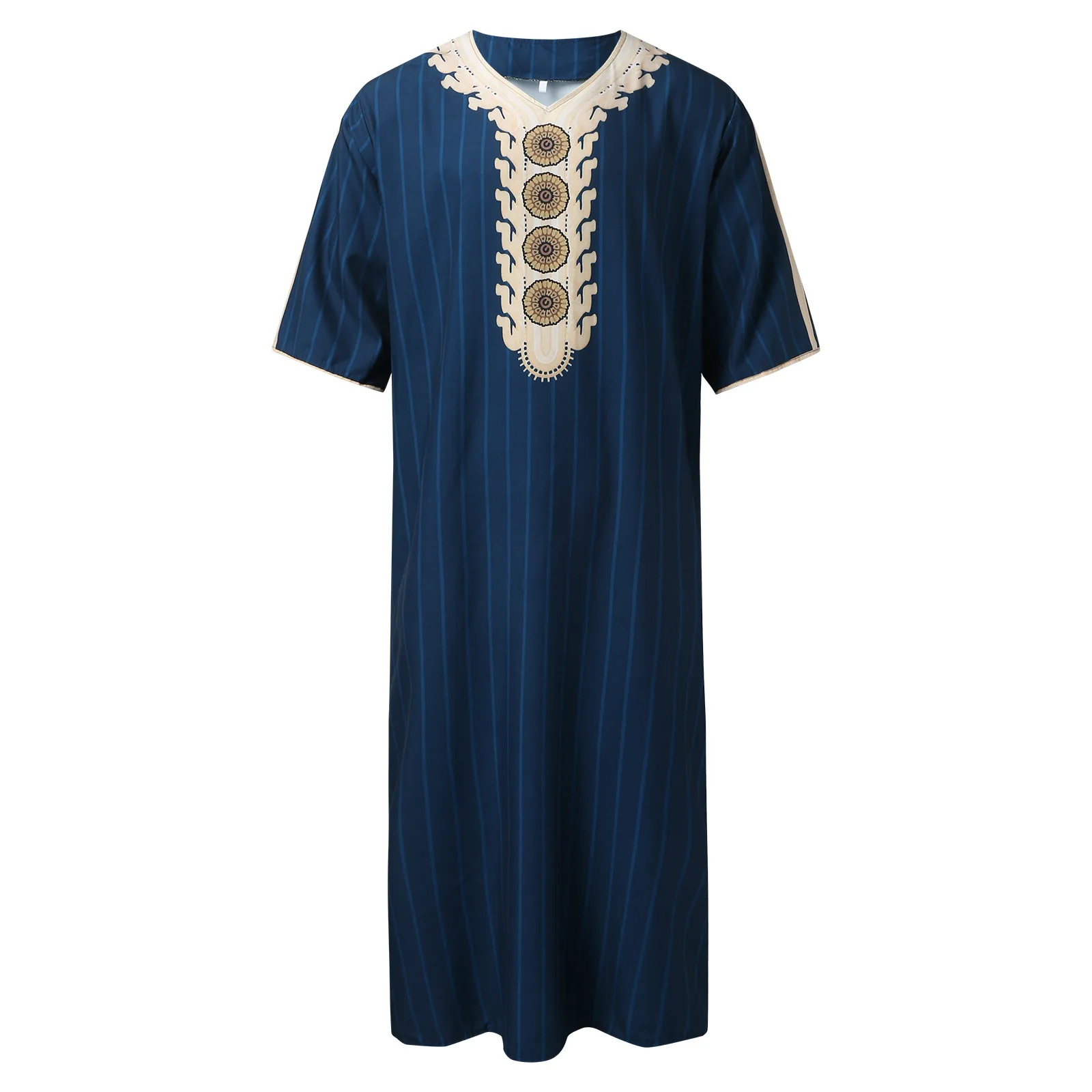 Summer Middle Eastern men's Arab robe loose V-neck short sleeved printed men's Muslim clothing islamic clothing
