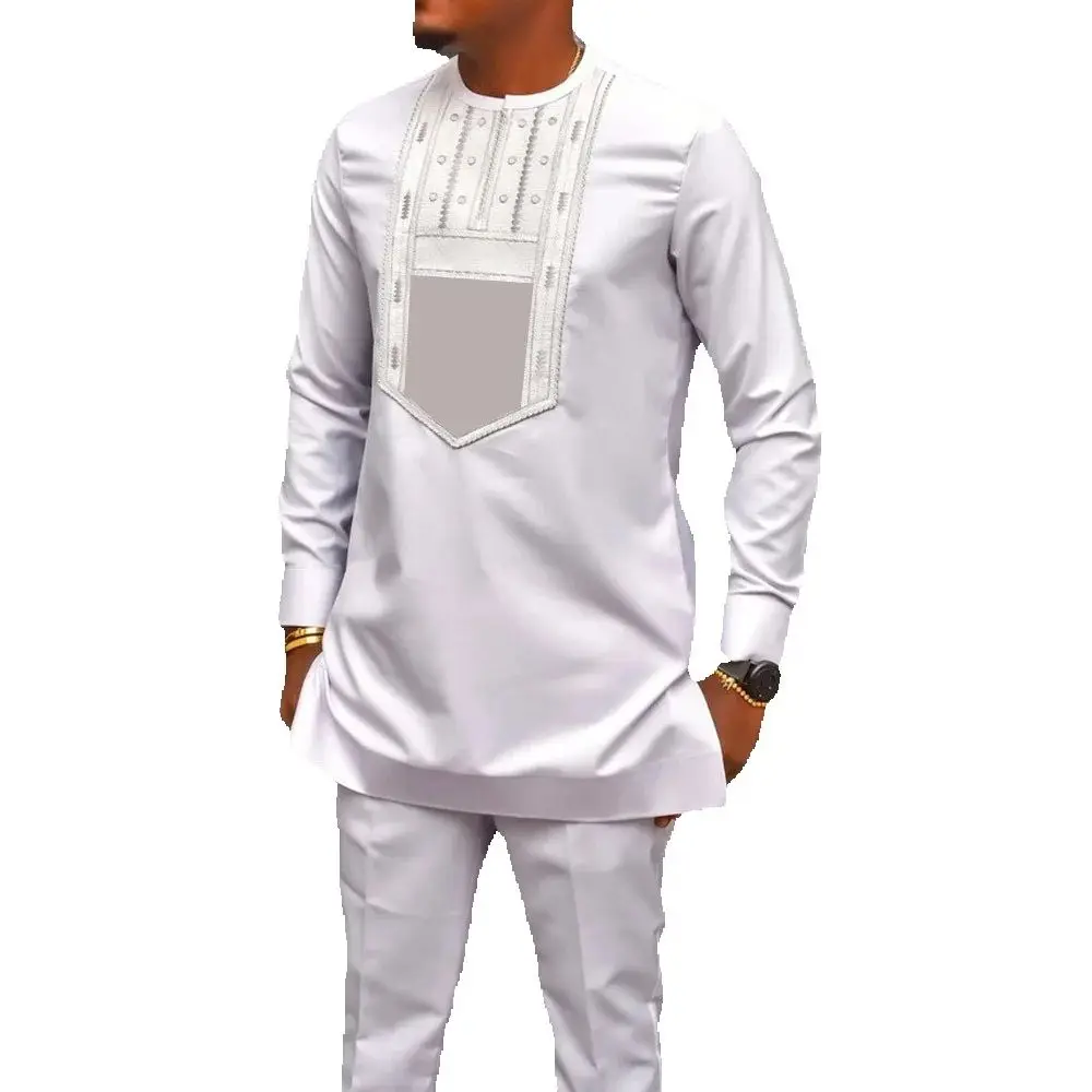 Kaftan Luxury Designer Men's Set African Clothing Men Suit Solid Color Embroidered Top and Sweatpant 2Pcs Festive Wedding Simple