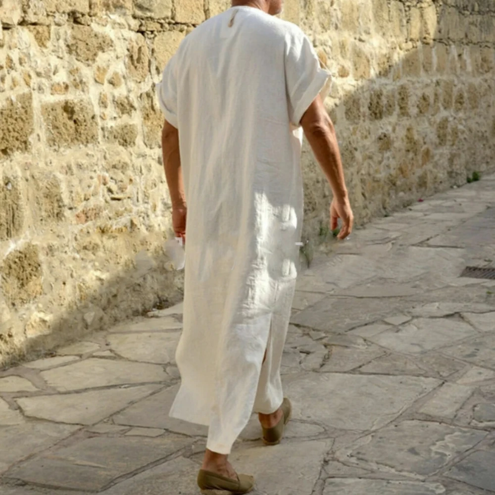Short Sleeve Solid Color Men Muslim Islamic Kaftan Robe Jubba Thobe Kaftan Muslim Robe Casual Dubai Saudi Arabia Abaya Robes 5XL