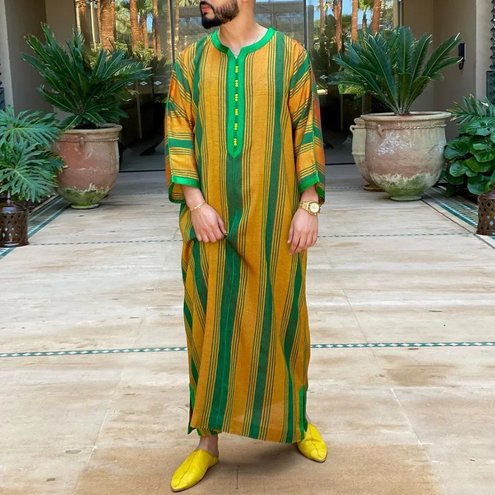 LIBIELIY Saudi Arabian Muslim Men Clothing, Arabian, Turkish Muslim, And Indian Abaya Ethnic - Style Striped Color - Blocking Lo