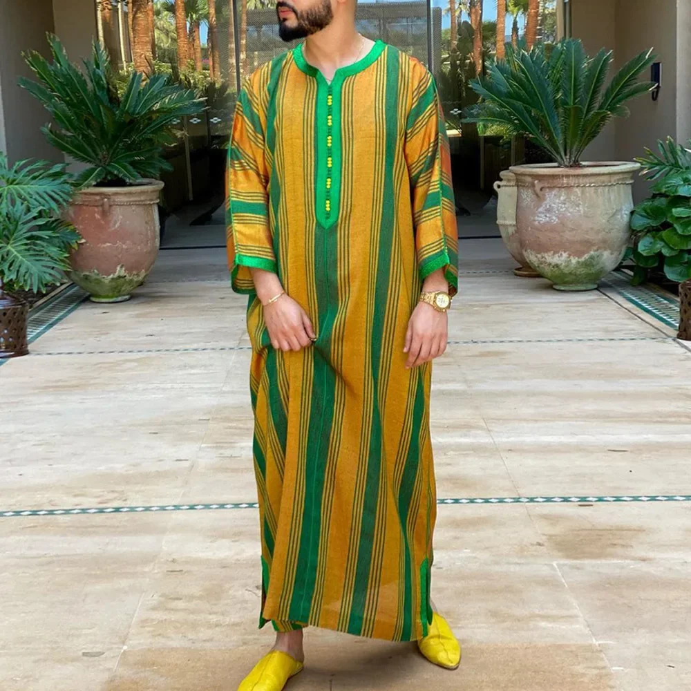 LIBIELIY Saudi Arabian Muslim Men Clothing, Arabian, Turkish Muslim, And Indian Abaya Ethnic - Style Striped Color - Blocking Lo