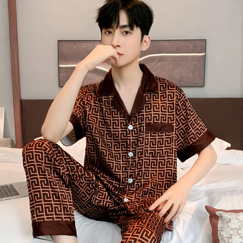 Pajamas Men Spring Summer Thin Ice Silk Luxurious Loose Fitting Home Wear Suit Male Satin Pyjamas Set Night Sleep-Suit Gentlemen