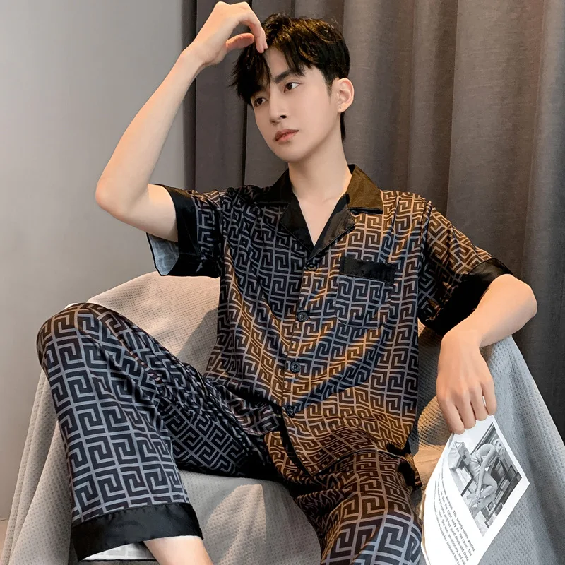 Pajamas Men Spring Summer Thin Ice Silk Luxurious Loose Fitting Home Wear Suit Male Satin Pyjamas Set Night Sleep-Suit Gentlemen