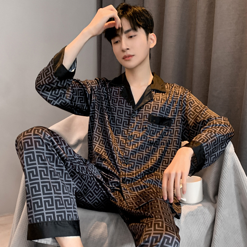 Pajamas Men Spring Summer Thin Ice Silk Luxurious Loose Fitting Home Wear Suit Male Satin Pyjamas Set Night Sleep-Suit Gentlemen