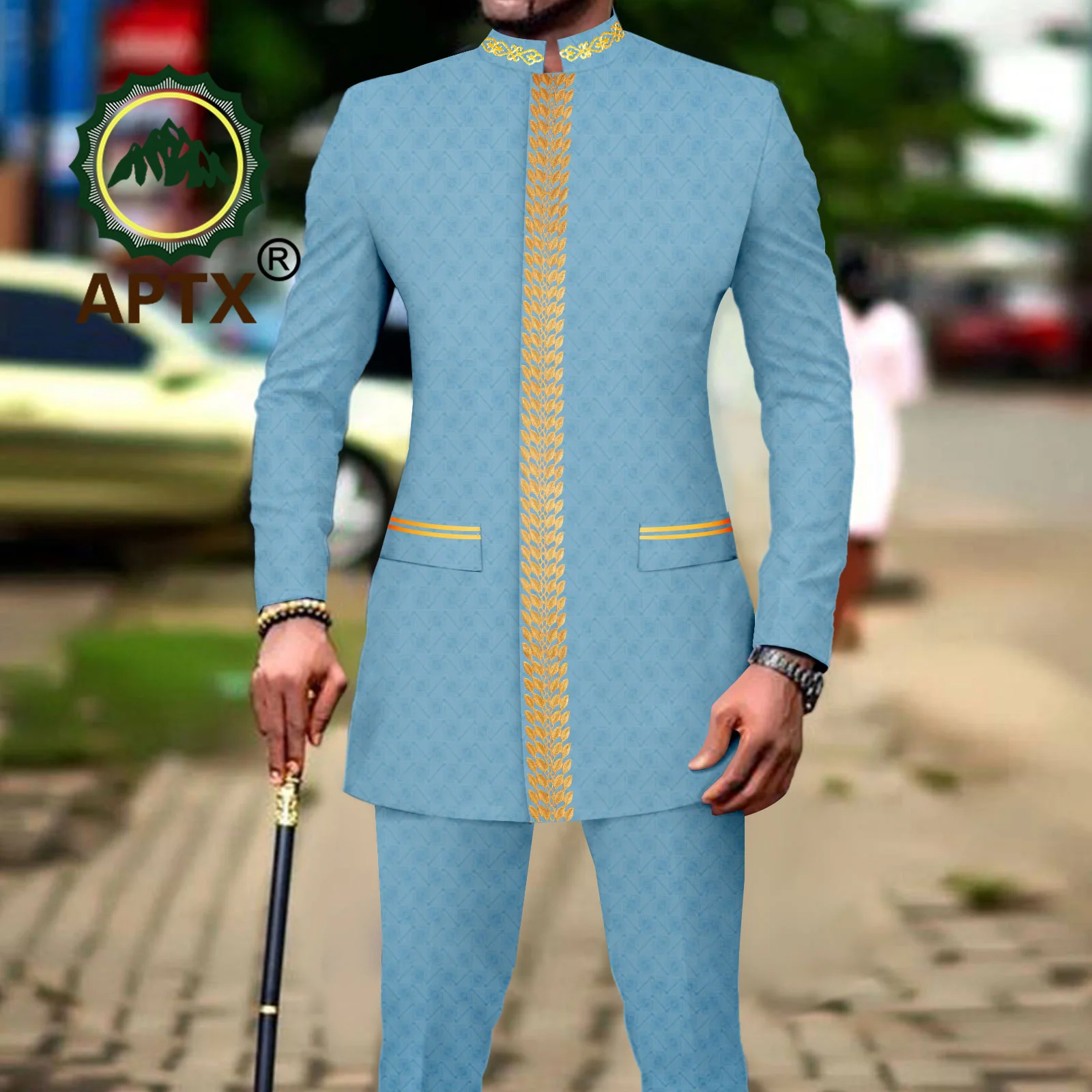 African Men Clothing Bazin Riche Men Suit 2-Piece Set Stand Collar Single Breasted Jacket Blazer Pants Party Wedding 2416082