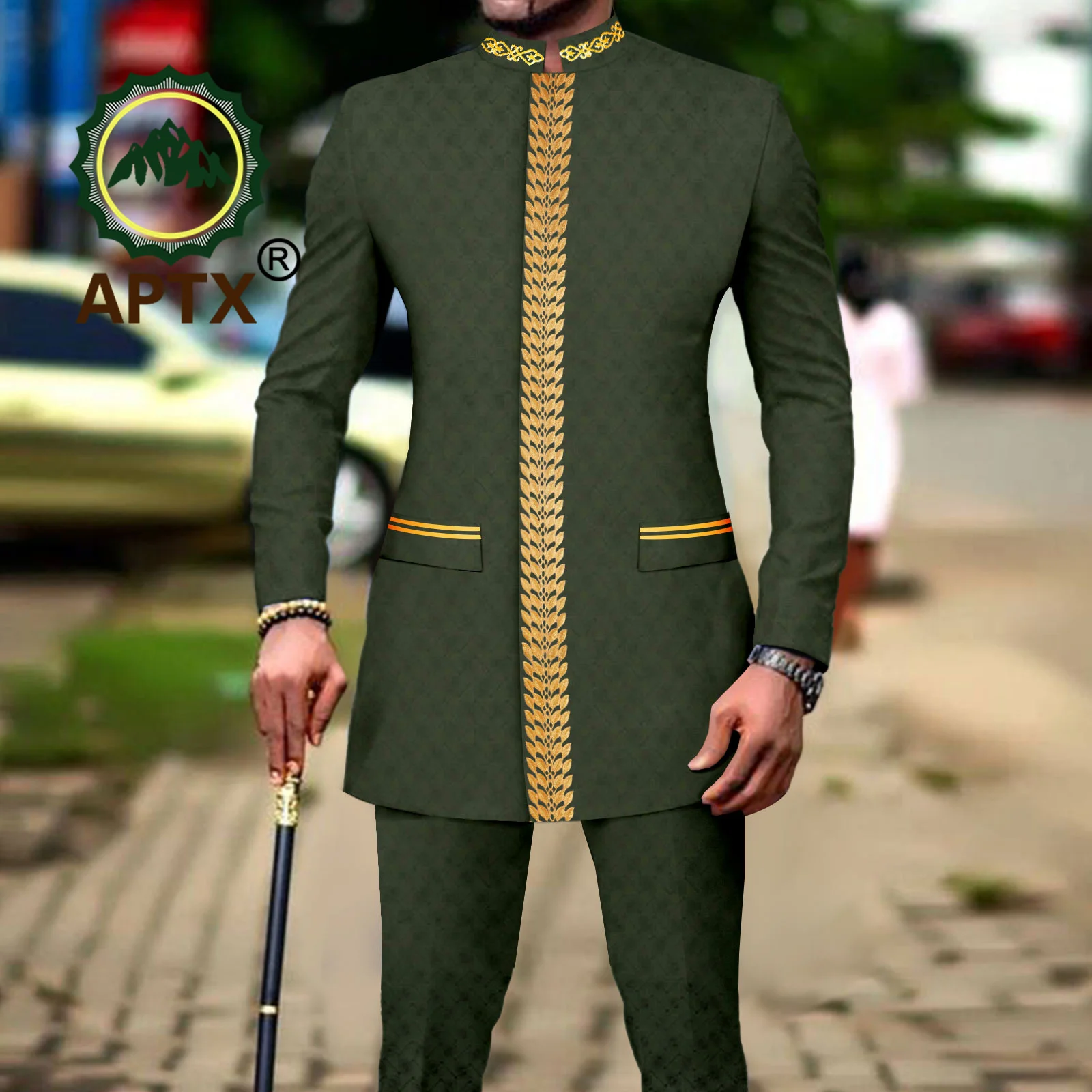 African Men Clothing Bazin Riche Men Suit 2-Piece Set Stand Collar Single Breasted Jacket Blazer Pants Party Wedding 2416082