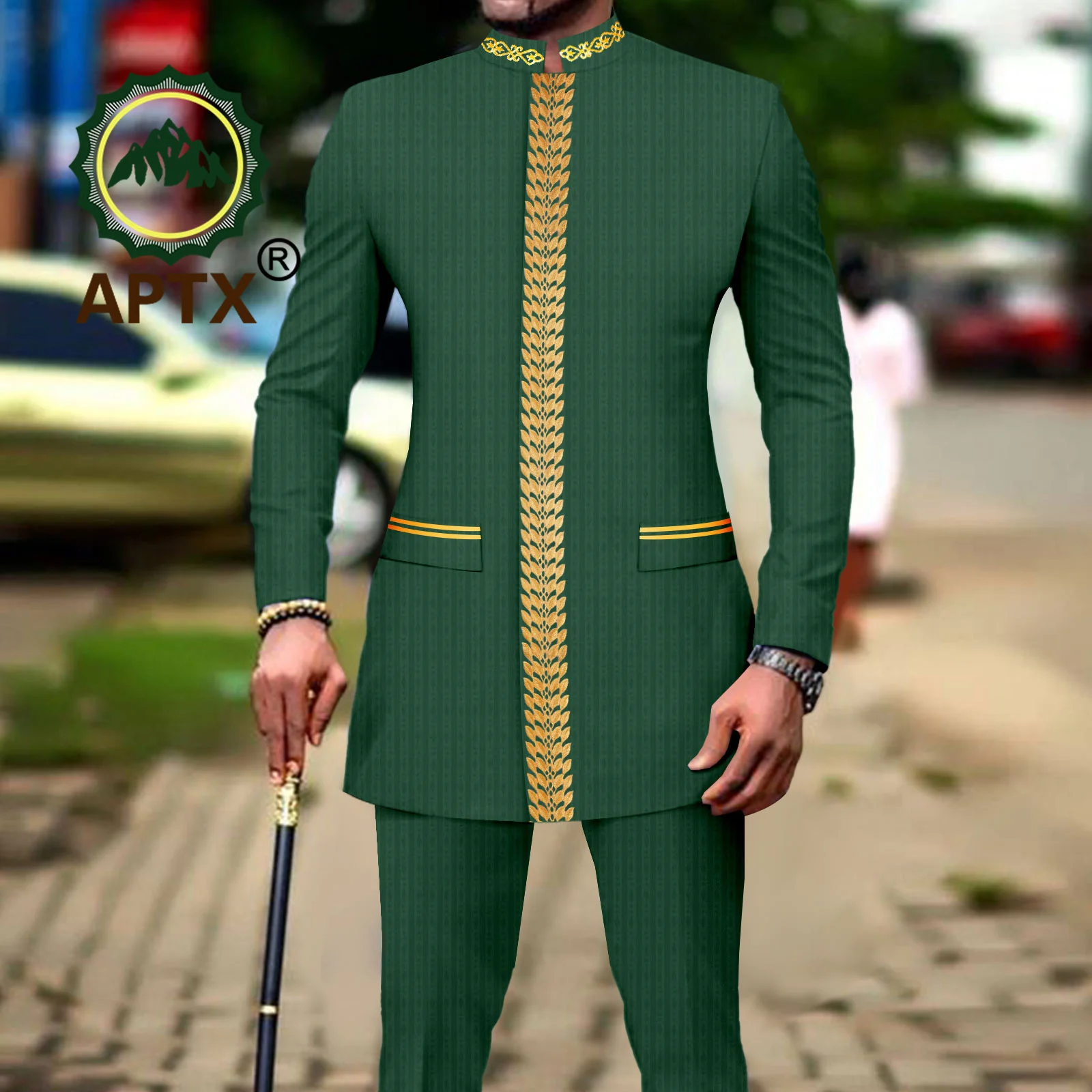 African Men Clothing Bazin Riche Men Suit 2-Piece Set Stand Collar Single Breasted Jacket Blazer Pants Party Wedding 2416082