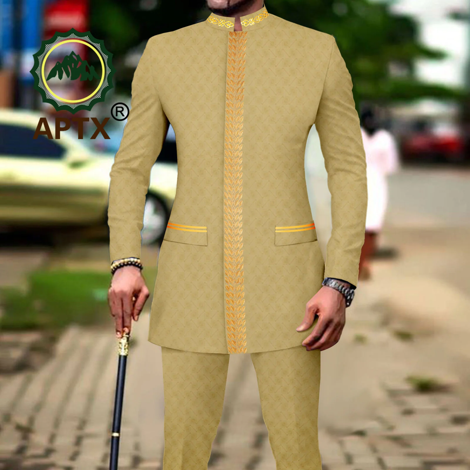 African Men Clothing Bazin Riche Men Suit 2-Piece Set Stand Collar Single Breasted Jacket Blazer Pants Party Wedding 2416082